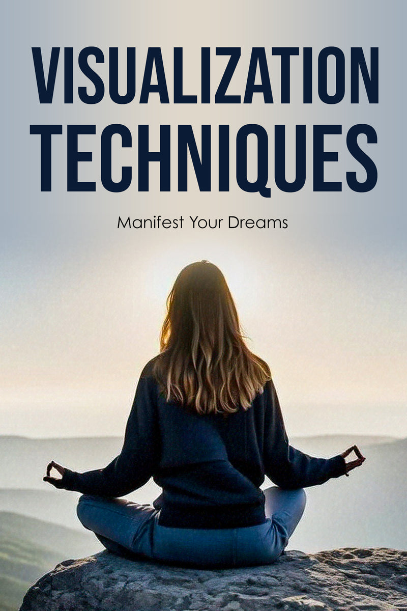 Person meditating on a rock with 'Visualization Techniques' text overlay
