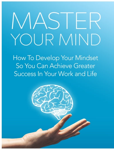 Book cover titled 'Master Your Mind' with a hand holding a brain illustration on a blue background