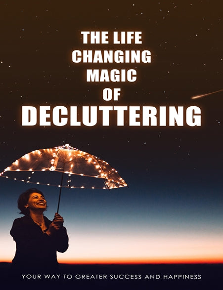 Person holding a lit umbrella against a starry night sky with text about decluttering.