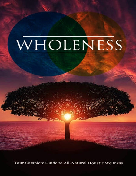 Book cover titled 'Wholeness' with a tree silhouette and colorful circles against a sunset sky.