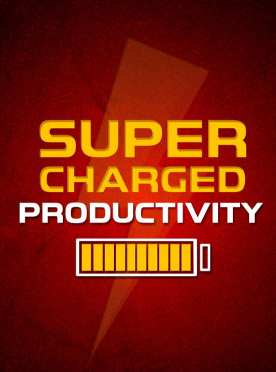 Text 'Super Charged Productivity' with a battery icon on a red background